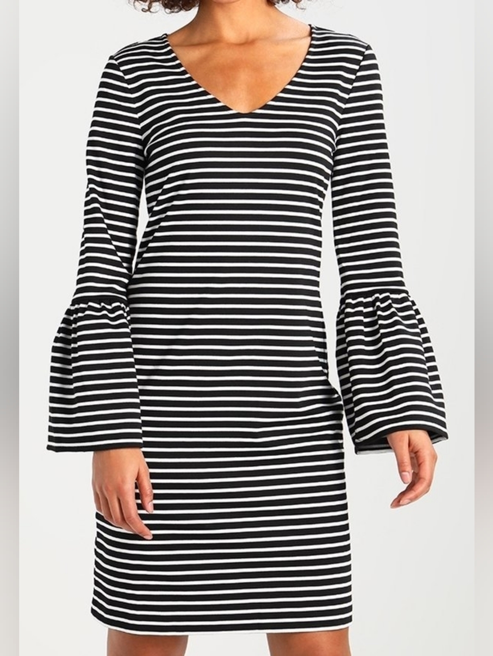Banana Republic Black & White Striped Bell Sleeve Knit Midi Dress V-Neck Size L